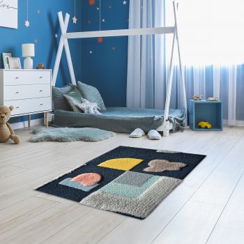 Tapis YURAX bleu, jaune, gris, rose