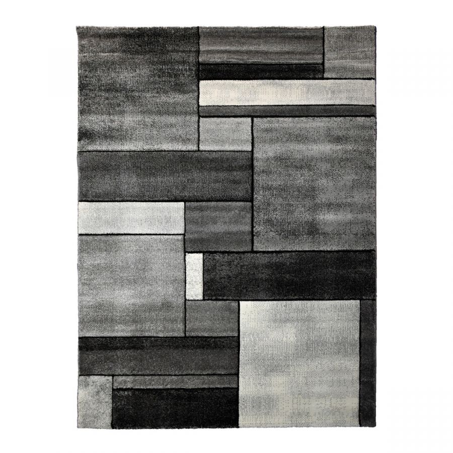 Tapis de salon ethnique en polypropylène noir et blanc rectangulaire à  motifs géométriques