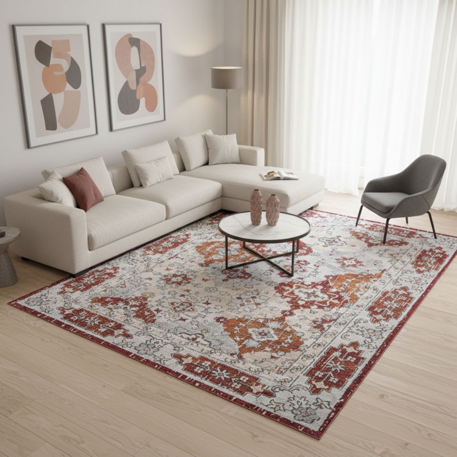 Tapis vintage NOURA terracotta gris rouge — salon