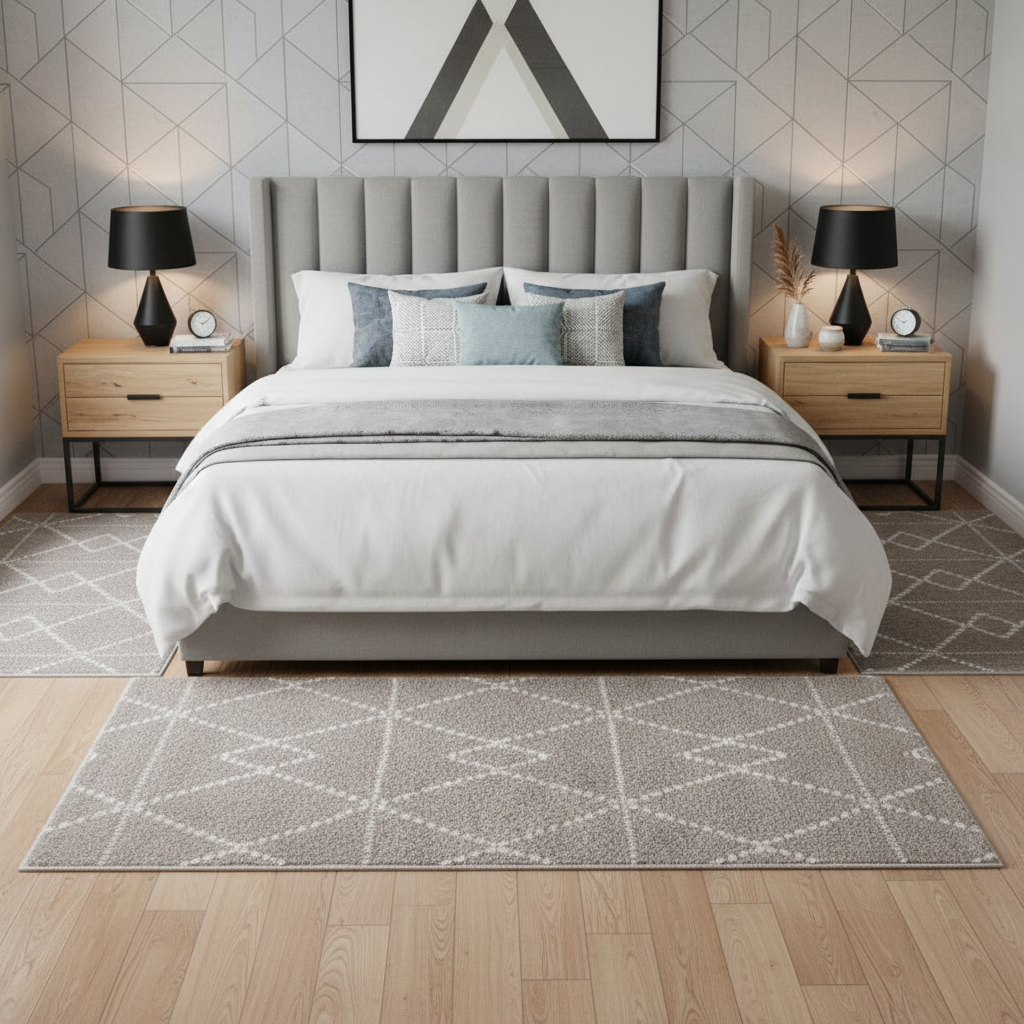 Tapis TRIBE taupe écru chambre style géométrique moderne